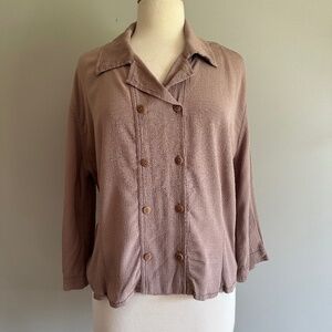 FLAX Rayon Double Breasted Button Up Tunic Top 3/4 Sleeves Taupe Size Small